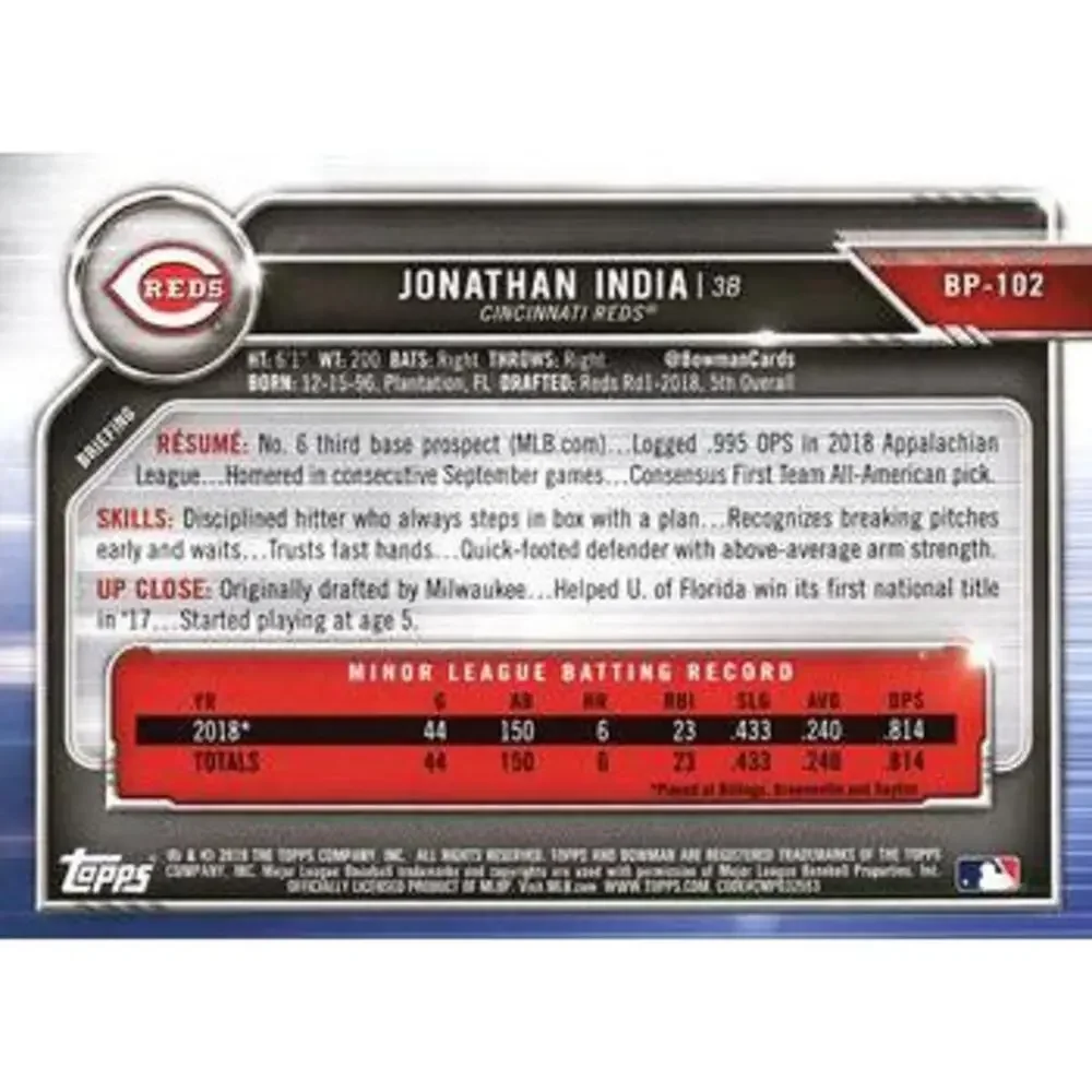 2019 Bowman Prospects Jonathan India #BP-102 Cincinnati Reds